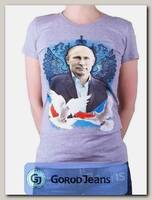 Футболка женская принт "Путин-голуби" серый меланж